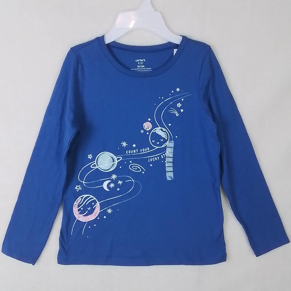 Carter's Kid Long Sleeve Cotton‎ T-Shirt Girl's Size 12 Blue w/ Space Theme